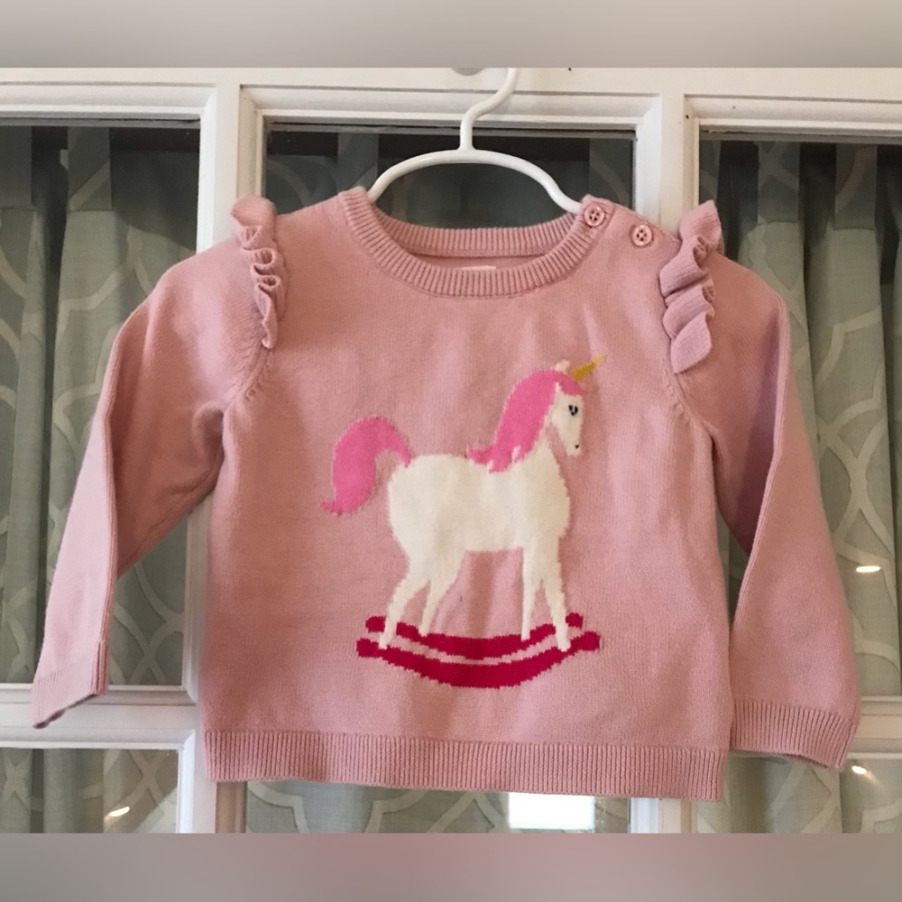 Baby Gap 18-24 months unicorn rocking horse pink ruffles knit cotton sweater GUC